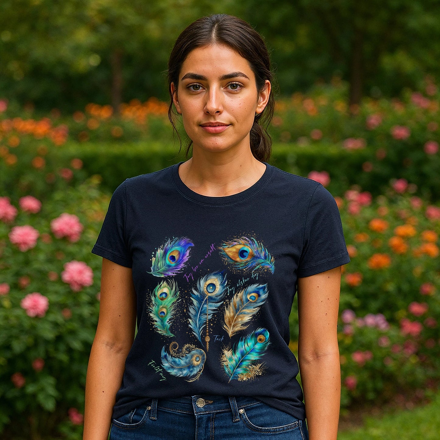 Alt Tag: Model wearing Påfågel Hooponopono 100% Organic Cotton T-Shirt with peacock feather graphic, front view
