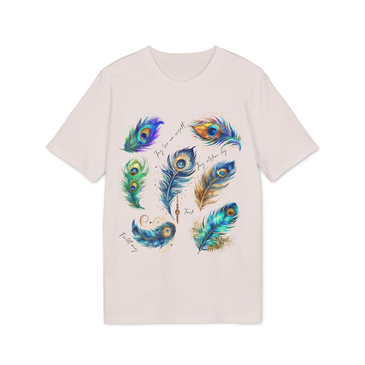 Påfågel Hooponopono 100% Organic Cotton T-Shirt with colorful peacock feather illustration graphic on light beige tee