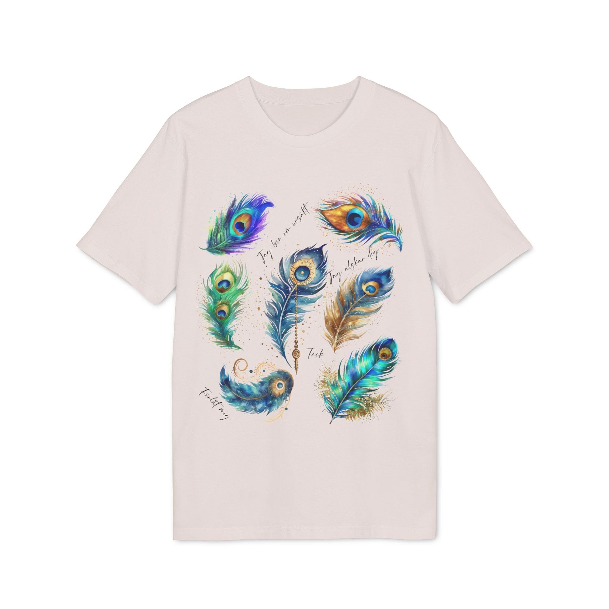 Påfågel Hooponopono 100% Organic Cotton T-Shirt with colorful peacock feather illustration graphic on light beige tee