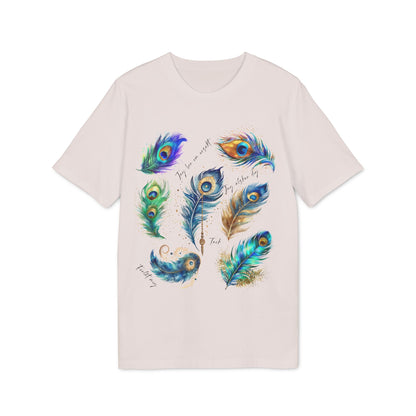 Påfågel Hooponopono 100% Organic Cotton T-Shirt with colorful peacock feather illustration graphic on light beige tee
