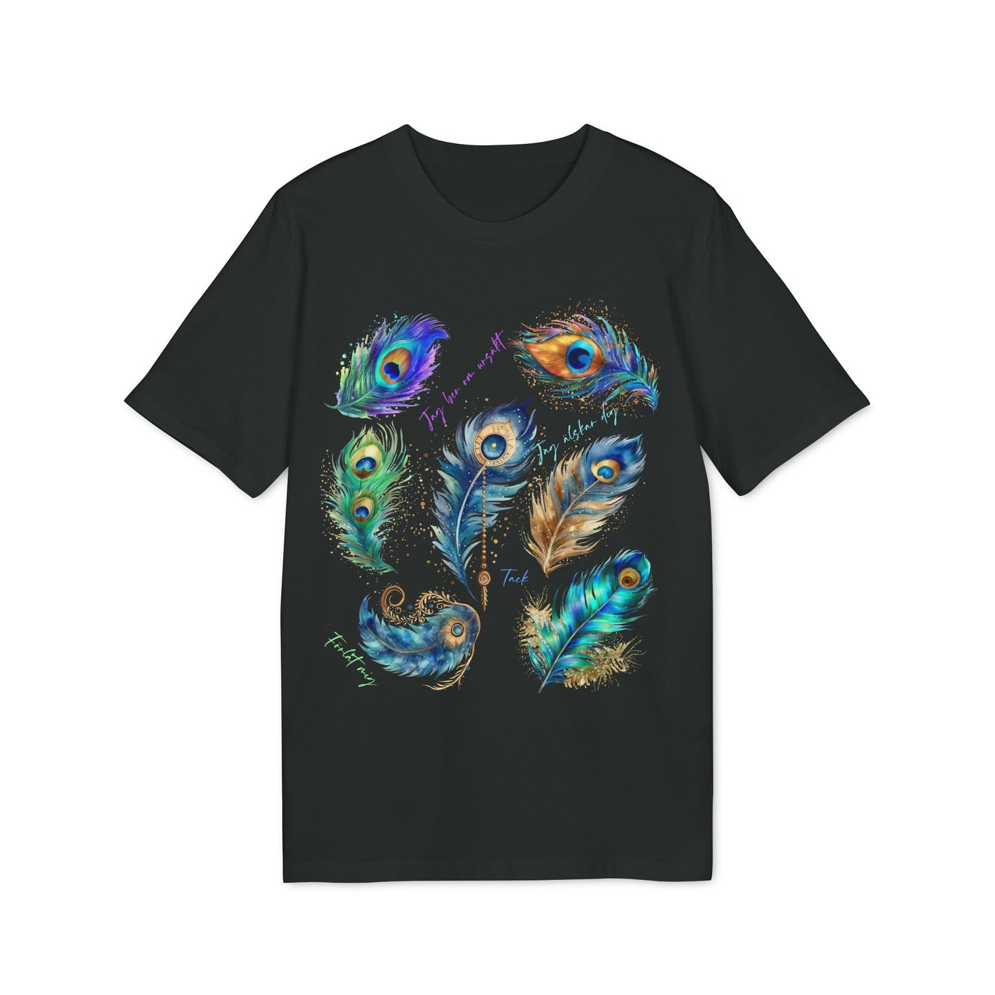 Påfågel Hooponopono 100% Organic Cotton T-Shirt black tee with colorful peacock feather graphic on front
