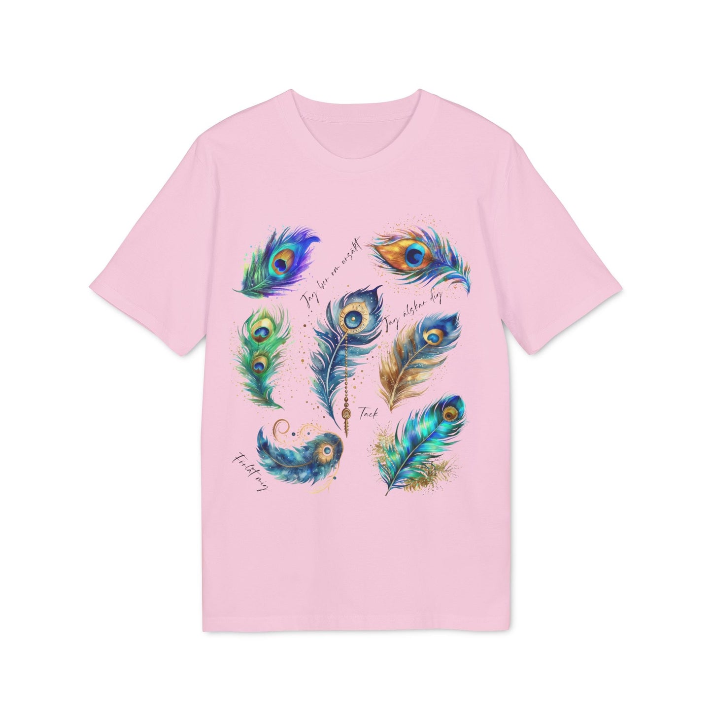Påfågel Hooponopono 100% Organic Cotton T-Shirt pink tee with colorful peacock feather illustration on front