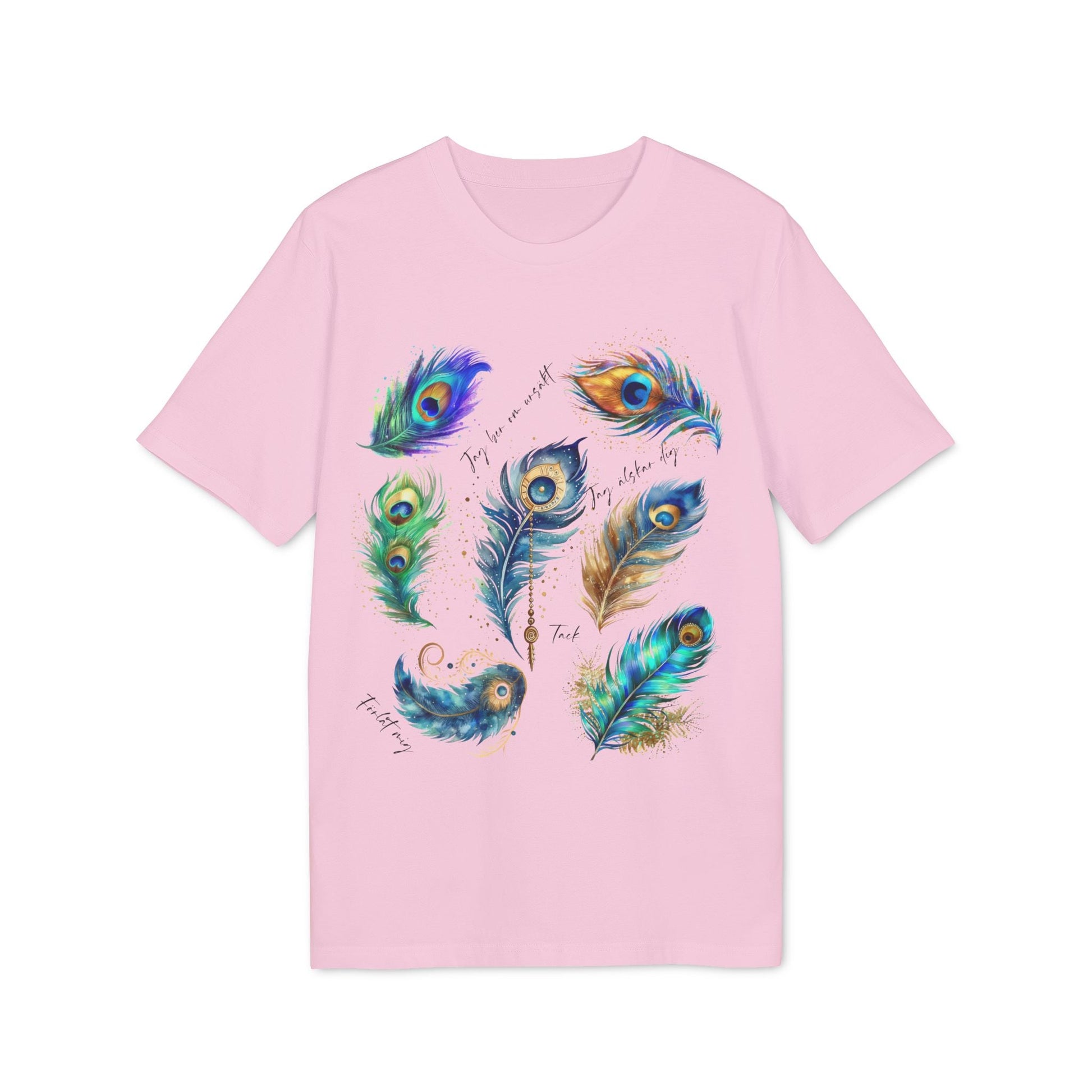 Påfågel Hooponopono 100% Organic Cotton T-Shirt pink tee with colorful peacock feather illustration on front