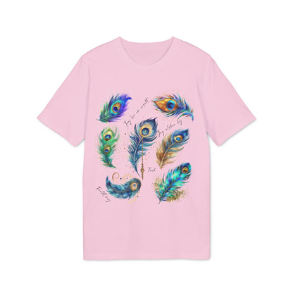Påfågel Hooponopono 100% Organic Cotton T-Shirt pink tee with colorful peacock feather illustration on front