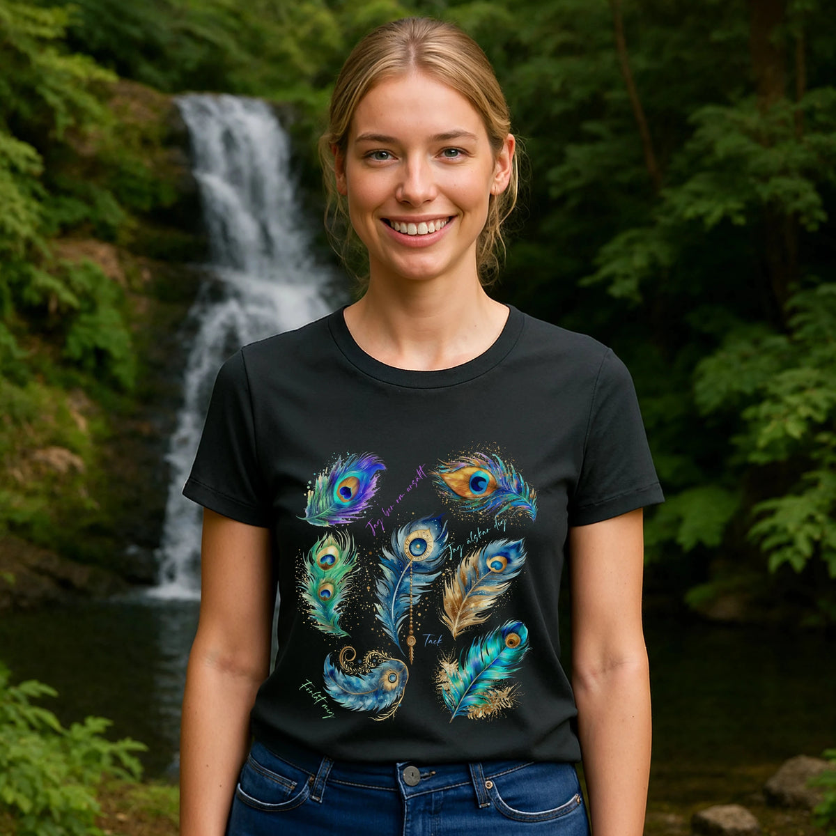 Alt Tag: Model wearing Påfågel Hooponopono 100% Organic Cotton T-Shirt with peacock feather design, outdoors near waterfall