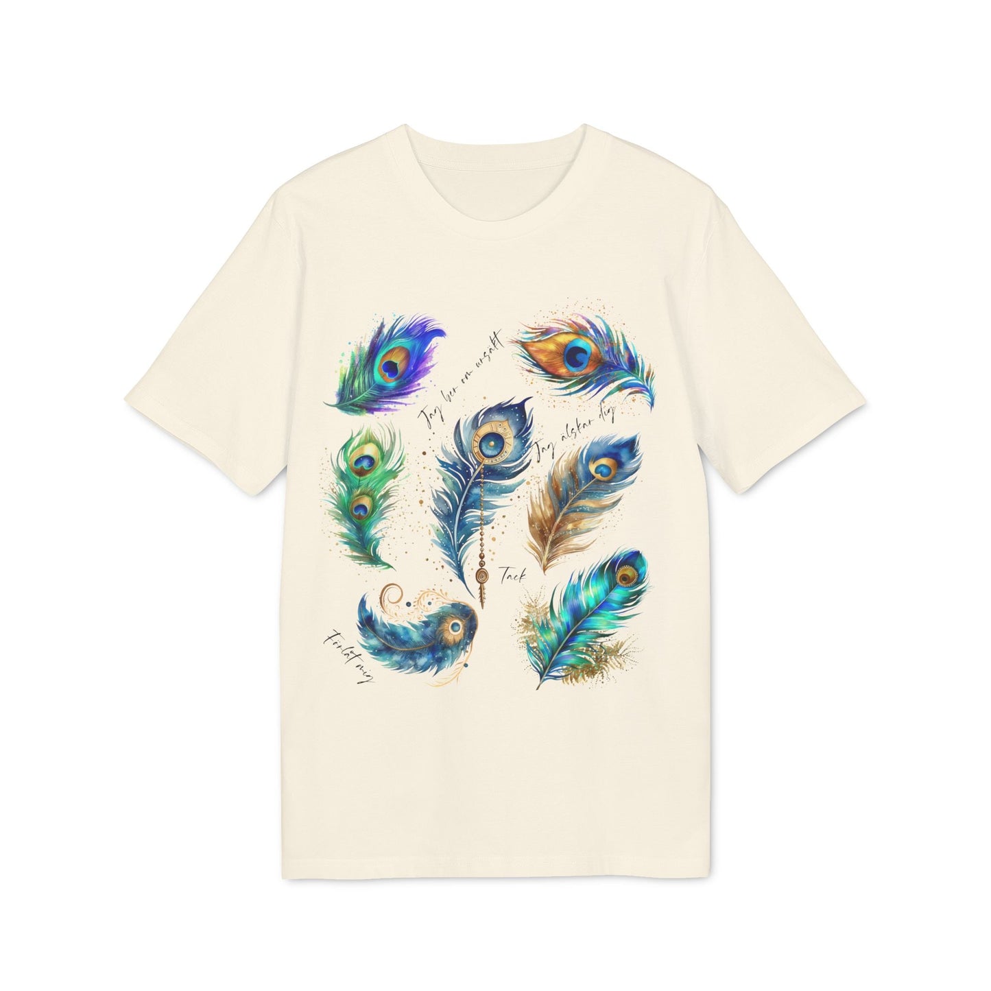 Alt Tag: Påfågel Hooponopono 100% Organic Cotton T-Shirt in cream with colorful peacock feather illustration graphic on front