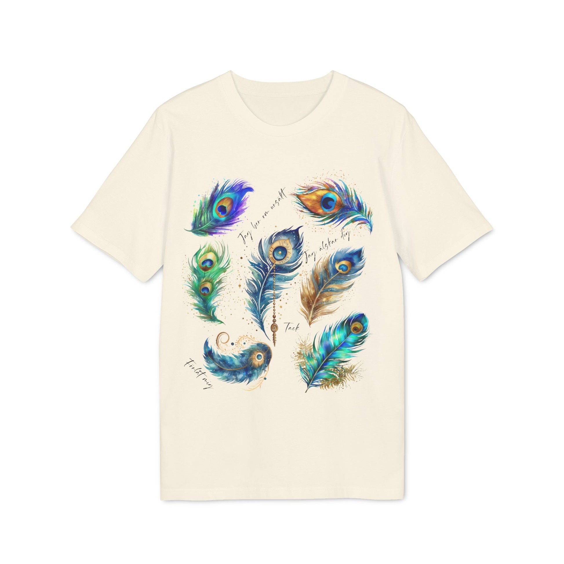 Alt Tag: Påfågel Hooponopono 100% Organic Cotton T-Shirt in cream with colorful peacock feather illustration graphic on front