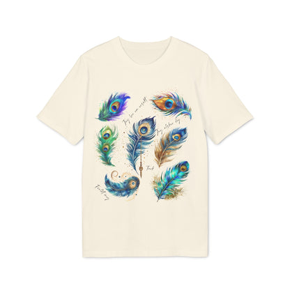 Alt Tag: Påfågel Hooponopono 100% Organic Cotton T-Shirt in cream with colorful peacock feather illustration graphic on front