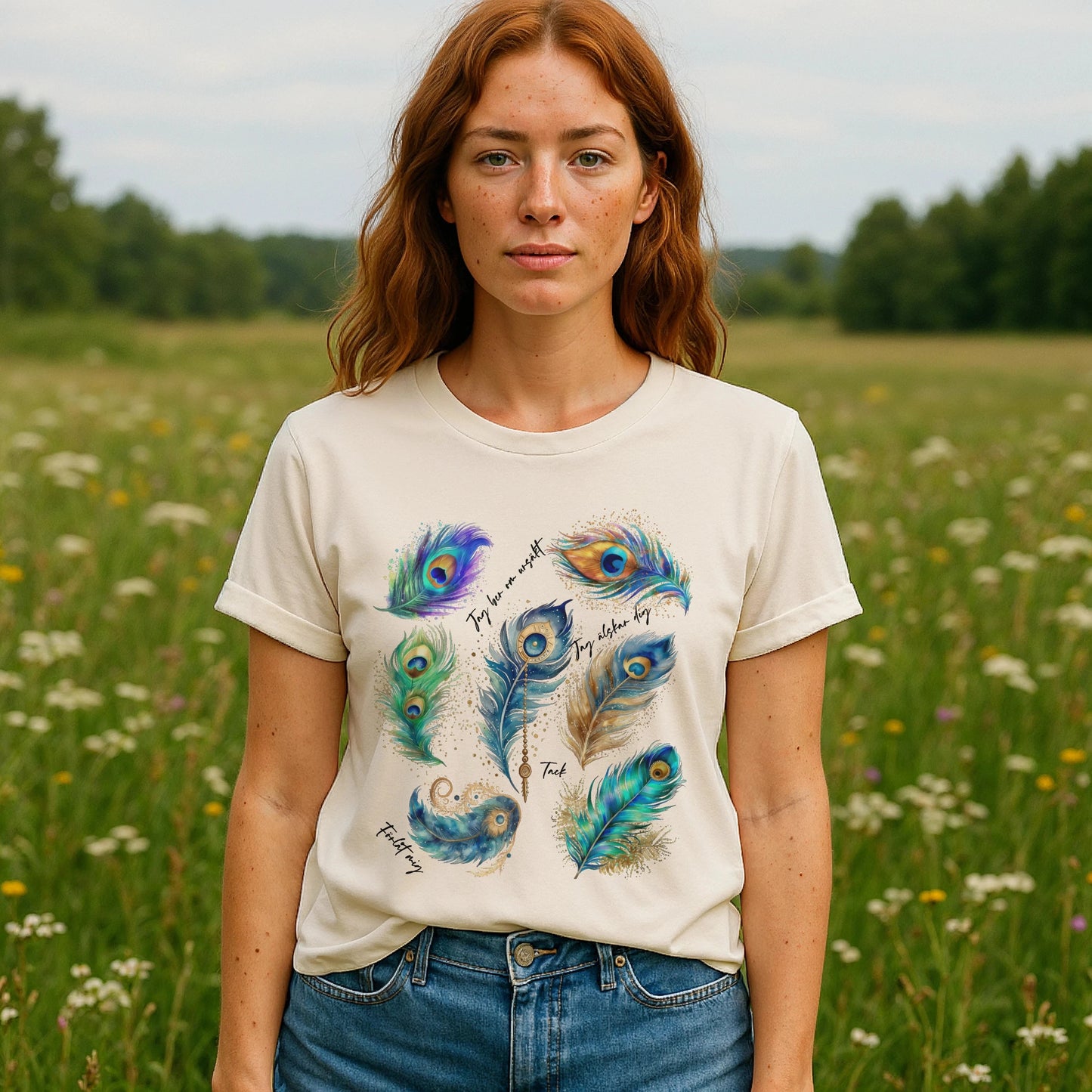 Alt Tag: Model wearing Påfågel Hooponopono 100% Organic Cotton T-Shirt with peacock feather graphic, front view outdoors