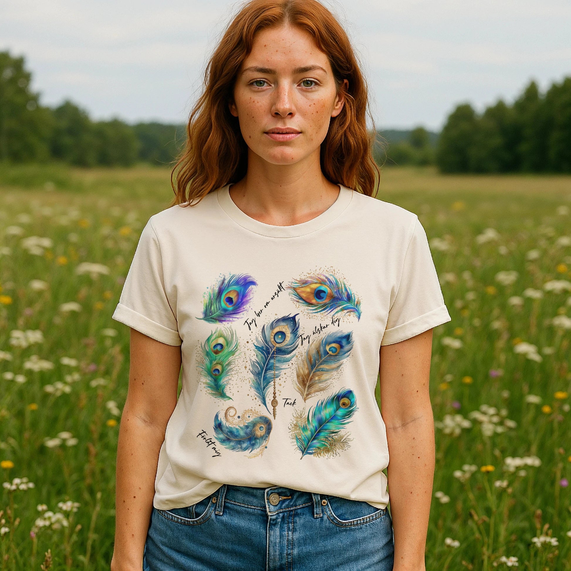 Alt Tag: Model wearing Påfågel Hooponopono 100% Organic Cotton T-Shirt with peacock feather graphic, front view outdoors