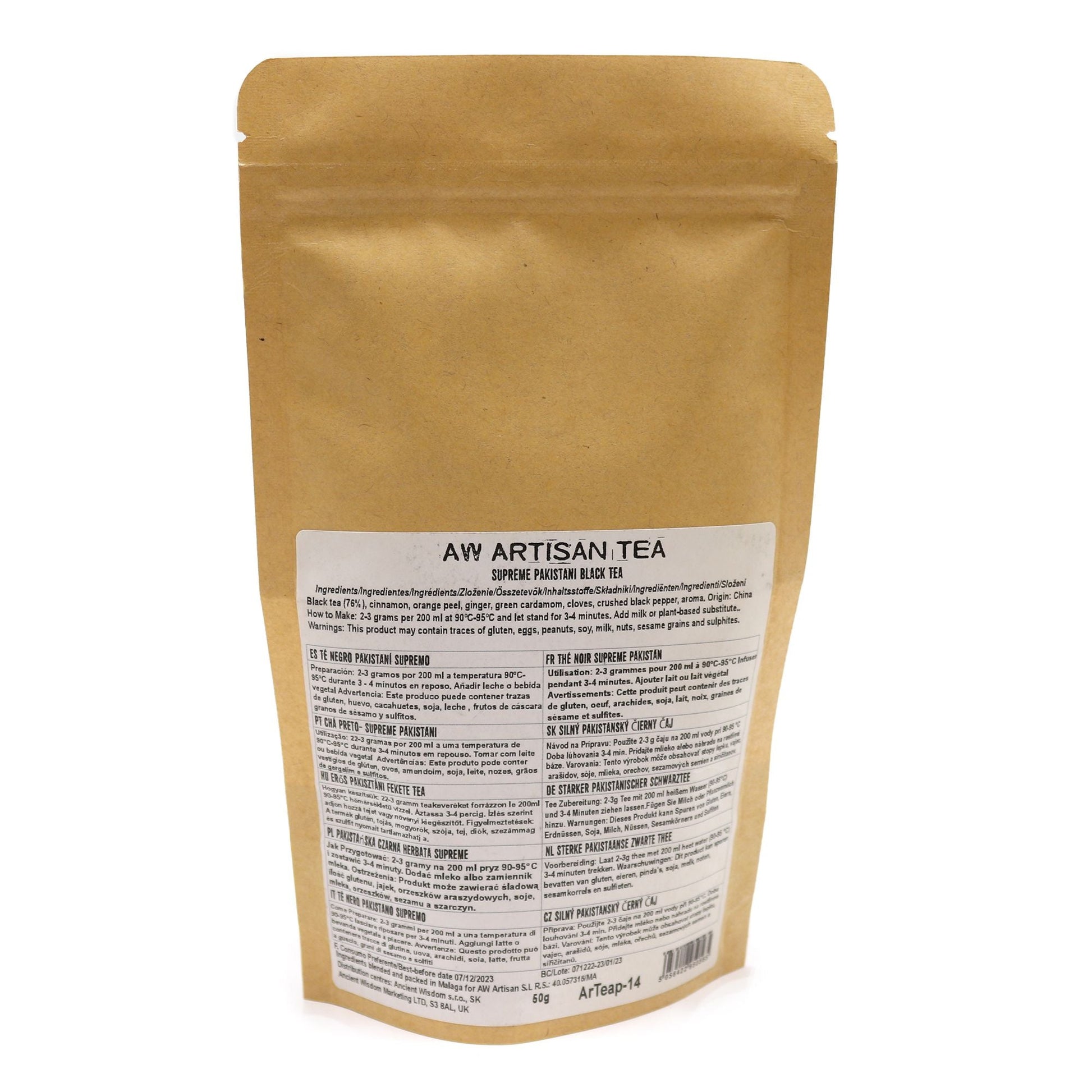 Alt Tag: Pakistani Black Tea – Black Magic Blend 50G artisan tea pouch back label with ingredients and brewing instructions