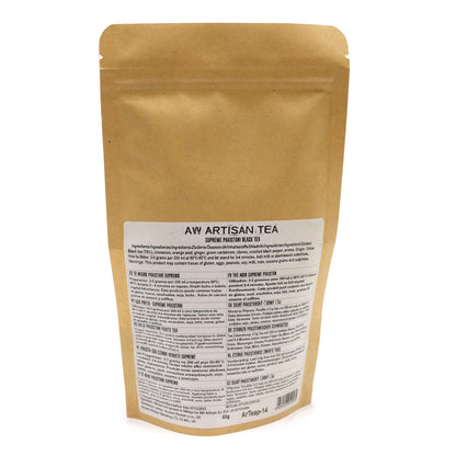 Alt Tag: Pakistani Black Tea – Black Magic Blend 50G artisan tea pouch back label with ingredients and brewing instructions