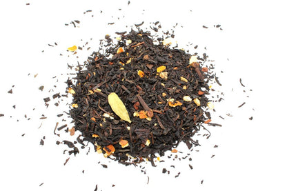 Pakistani Black Tea – Black Magic Blend 50G loose leaf black tea with cinnamon, orange peel and exotic spices blend on white background