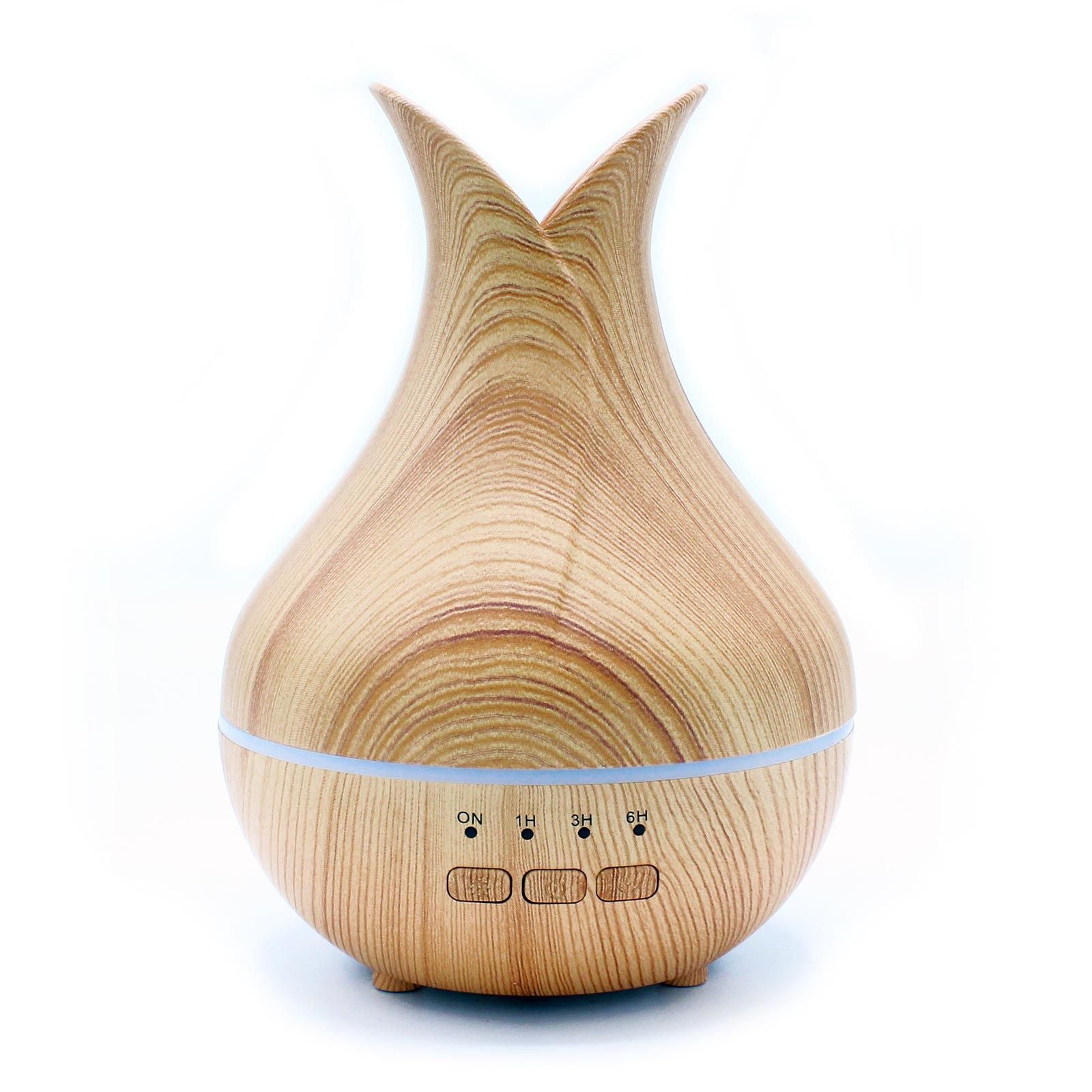 Alt Tag: Palermo Atomiser – USB – Färgskiftning – Timer ultraljudsdiffuser i träådringslook för eteriska oljor med LED-ljusring och timerknappar