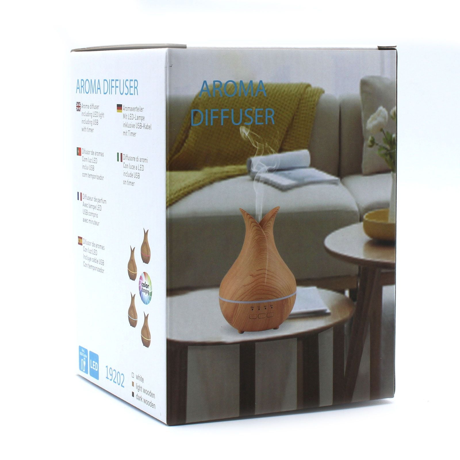 Alt Tag: Palermo Atomiser – USB – färgskifte – timer aromadiffuser i produktförpackning för detaljhandel med diffuser i trälook på bord
