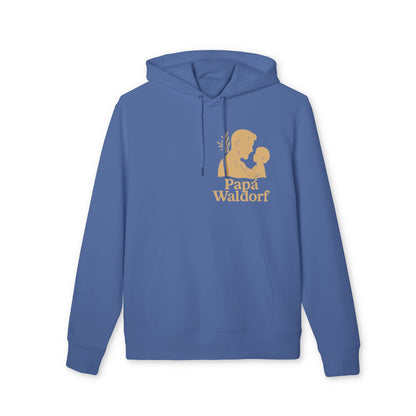 Alt Tag: Papá Waldorf Hofir Premium Unisex Hoodie azul con capucha, ilustración padre e hijo y texto "Papá Waldorf" en el pecho