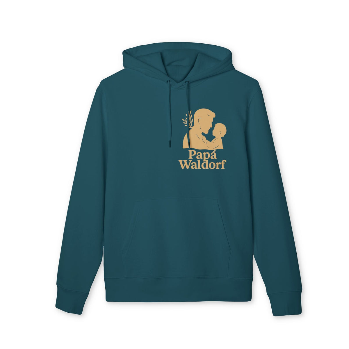 Alt Tag: Papá Waldorf Hofir Premium Unisex Hoodie en color azul petróleo con capucha y cordones, estampado Papá Waldorf padre e hijo