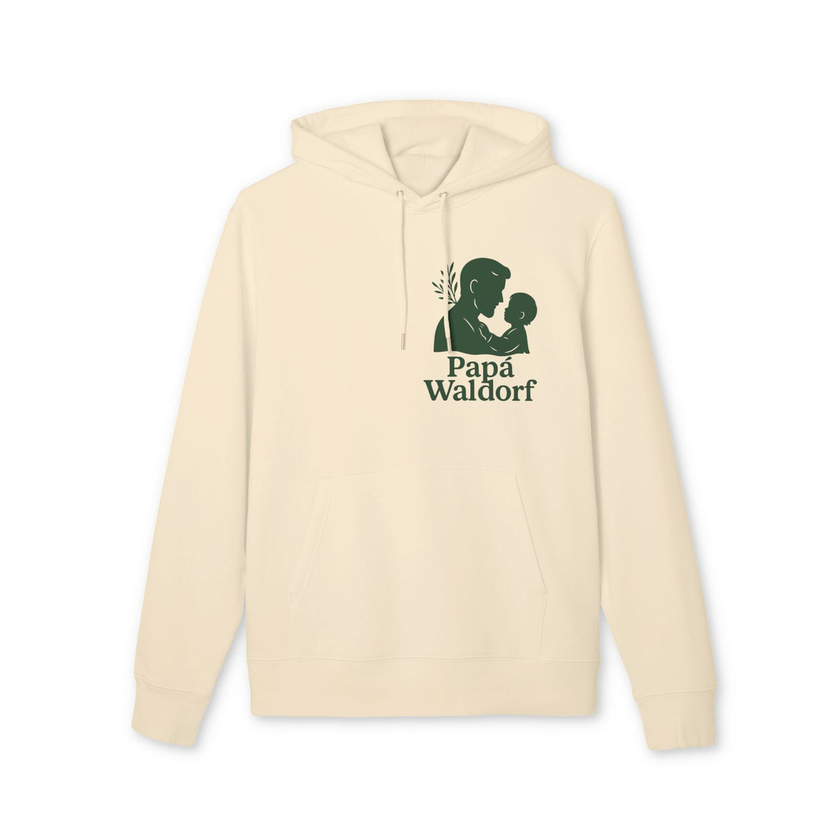 Papá Waldorf Hofir Premium Unisex Hoodie color crema con capucha, ilustración de padre e hijo y texto “Papá Waldorf” en el pecho