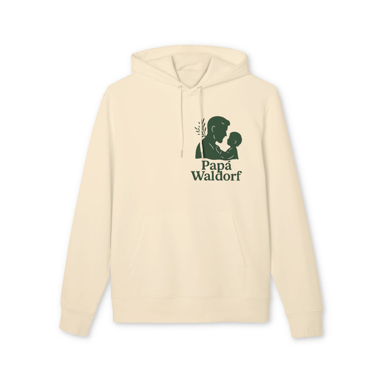 Papá Waldorf Hofir Premium Unisex Hoodie color crema con capucha, ilustración de padre e hijo y texto “Papá Waldorf” en el pecho