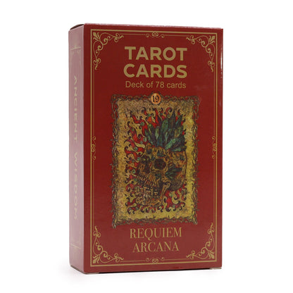 Alt Tag: Paper Tarot Cards – Requiem Arcana Set box, gothic tarot deck of 78 cards with red and gold packaging