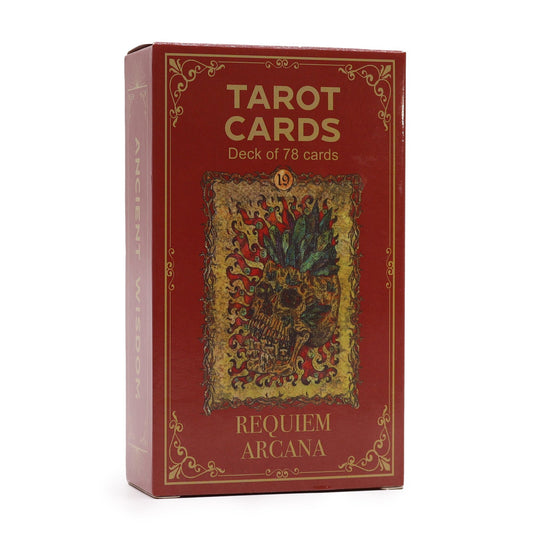 Alt Tag: Paper Tarot Cards – Requiem Arcana Set box, gothic tarot deck of 78 cards with red and gold packaging
