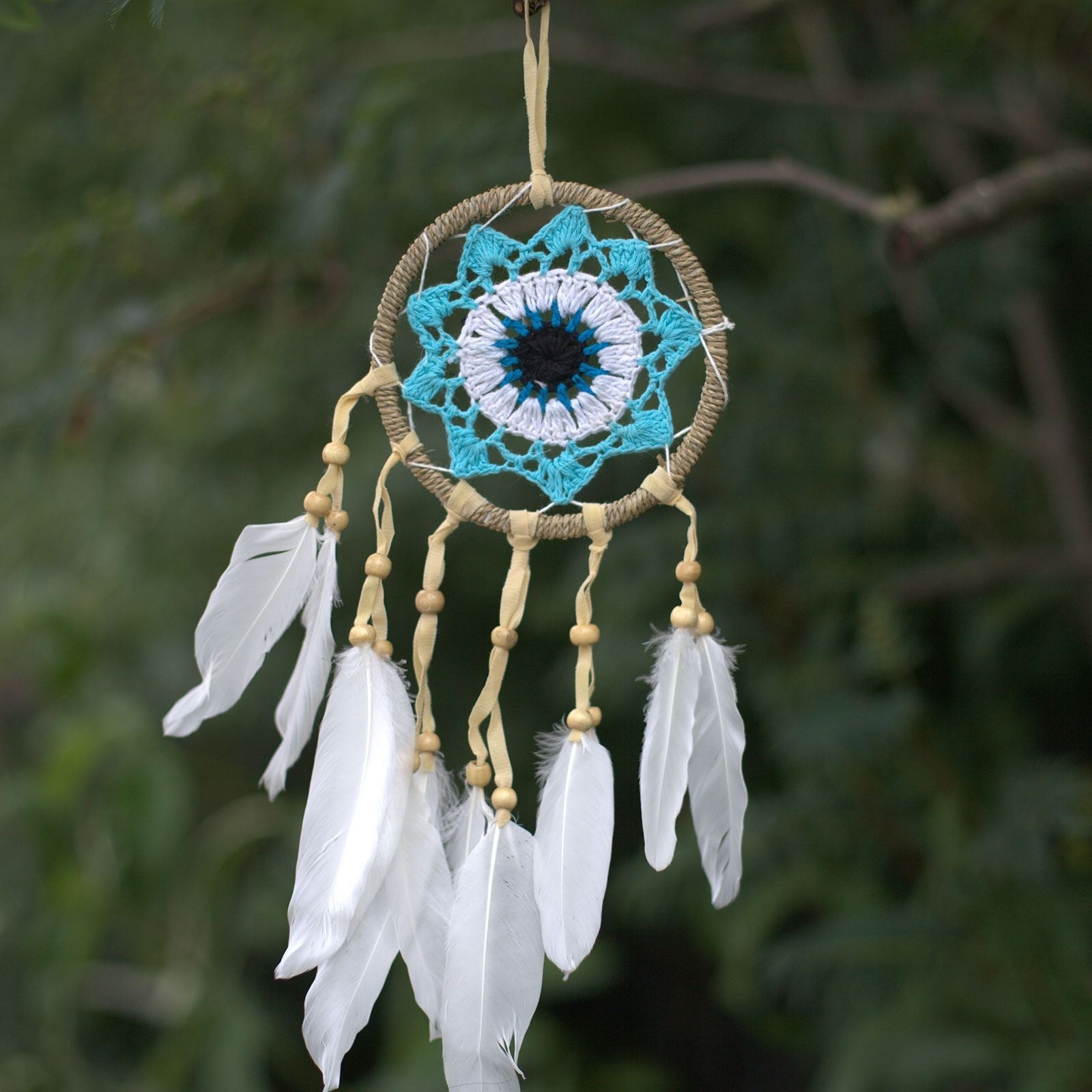 Pastel Blue Macramé Dream Catcher – 12CM hanging dreamcatcher with blue woven center and white feathers, boho wall decor
