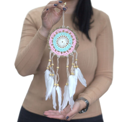 Pastel Blue Macramé Dream Catcher – 12CM handmade cotton macramé dreamcatcher with feathers, hanging wall decor
