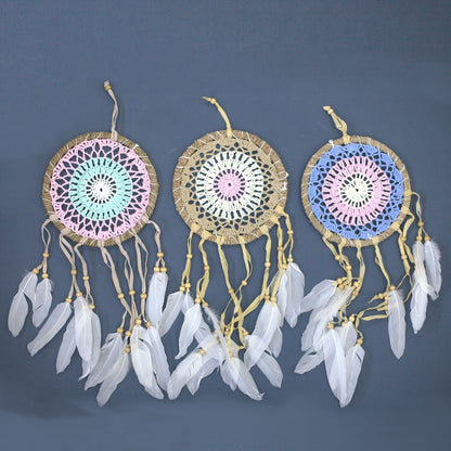 Cotton Macramé Dream Catcher – 16 CM pastel woven dreamcatchers with white feathers, handmade macramé wall decor