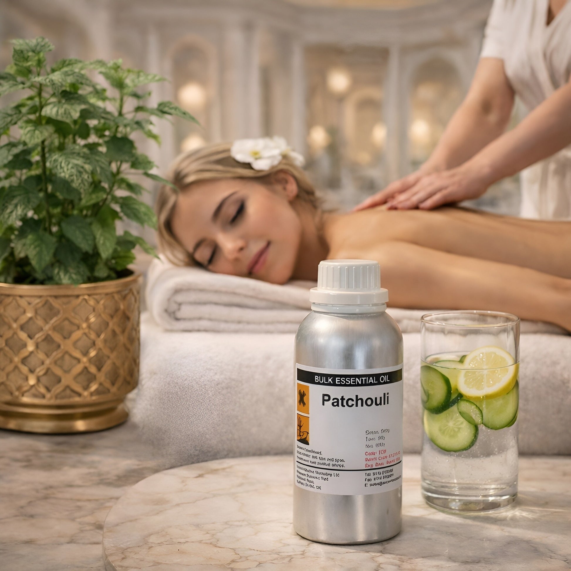 Patchouli Essential Oil – 500G Bulk bottle on spa table with massage scene, glass of cucumber lemon water, and potted plant