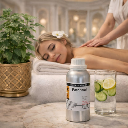 Patchouli Essential Oil – 500G Bulk bottle on spa table with massage scene, glass of cucumber lemon water, and potted plant
