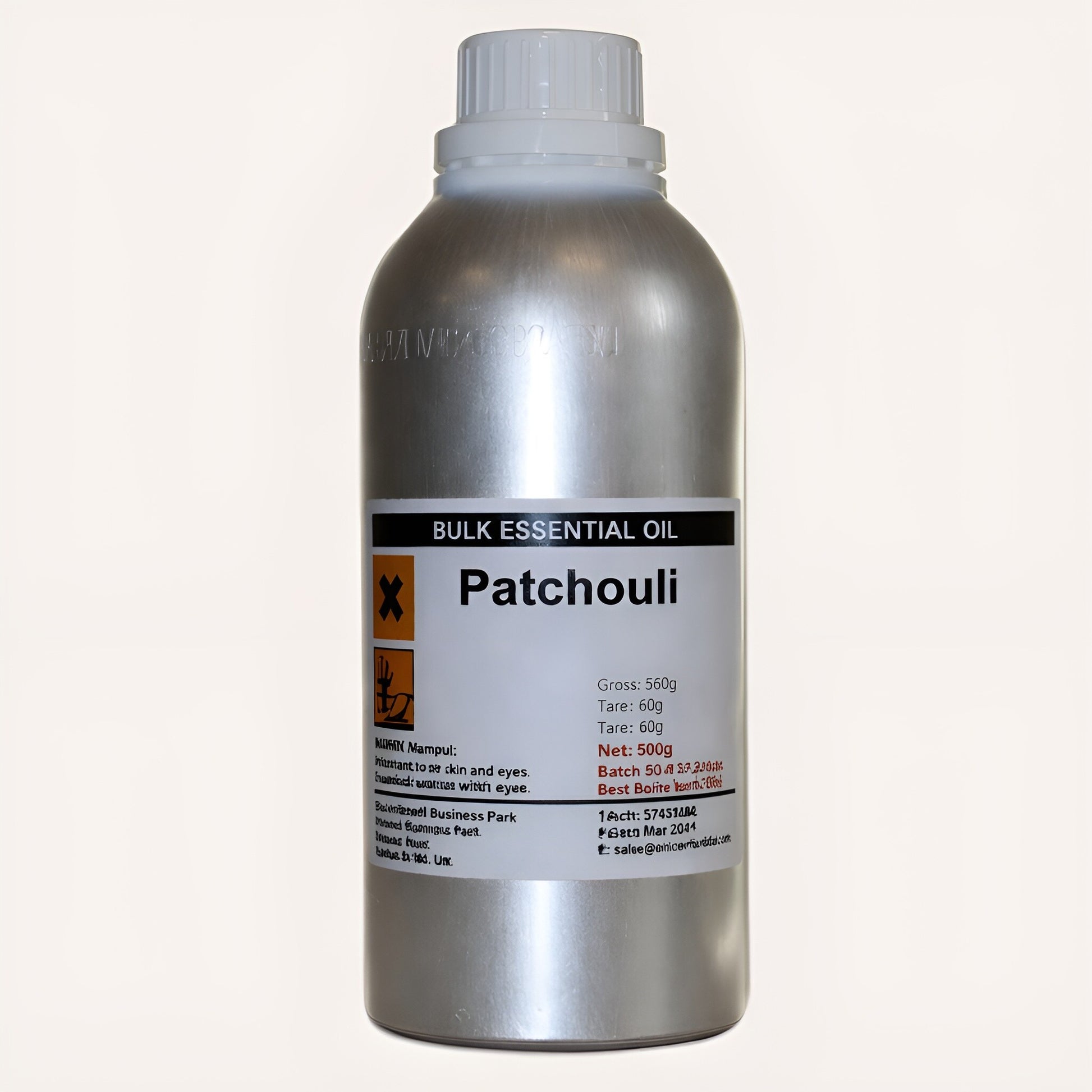 Alt Tag: Patchouli Essential Oil – 500G Bulk bottle, bulk essential oil patchouli label, 500g net weight container