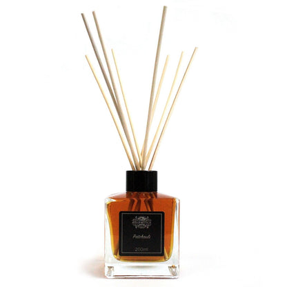 Alt Tag: Patchouli Reed Diffuser – 200ML square glass bottle with natural reed sticks, warm essential oil home fragrance diffuser