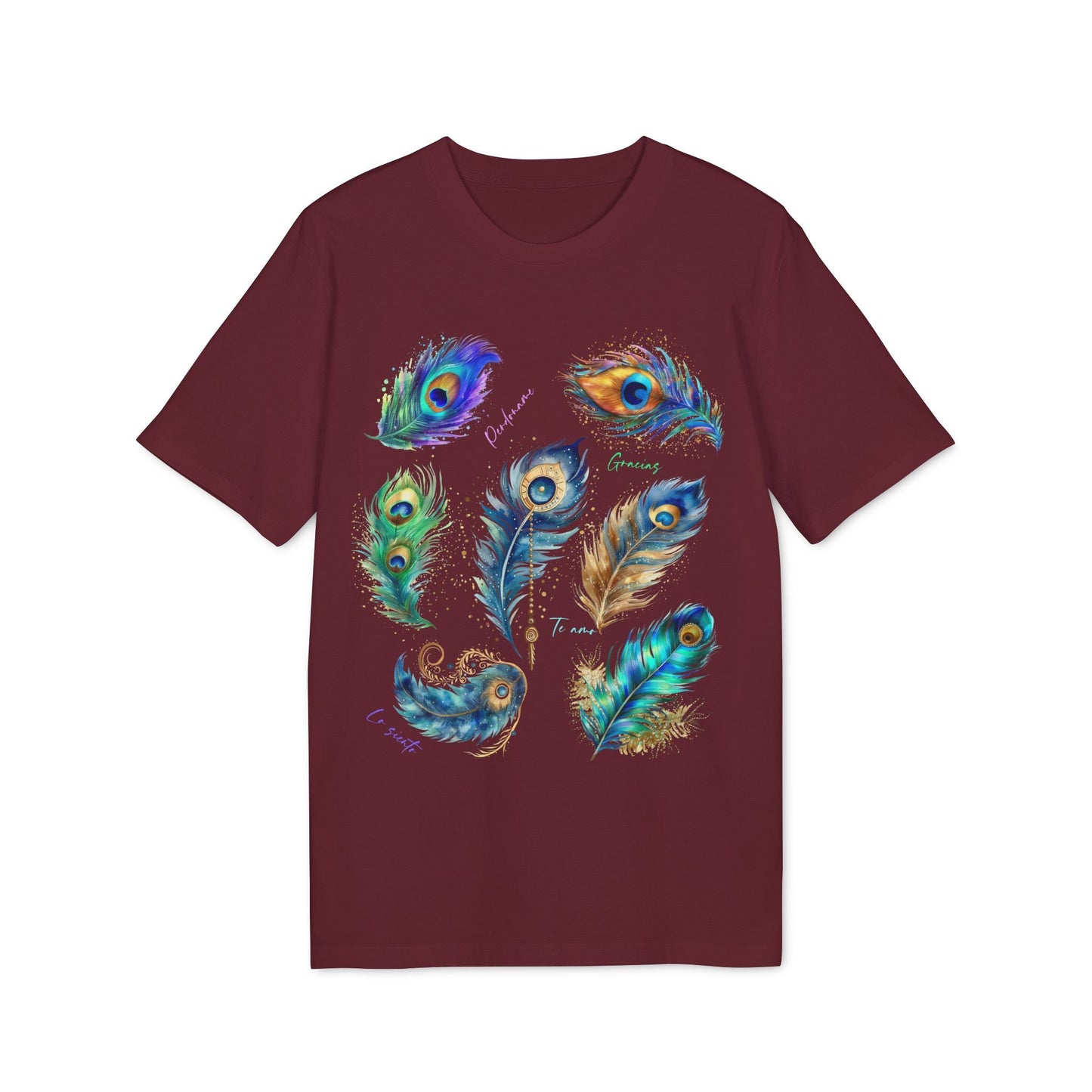 Alt Tag: Pavo Real Hooponopono Premium Unisex T-Shirt color burdeos con diseño de plumas de pavo real multicolor