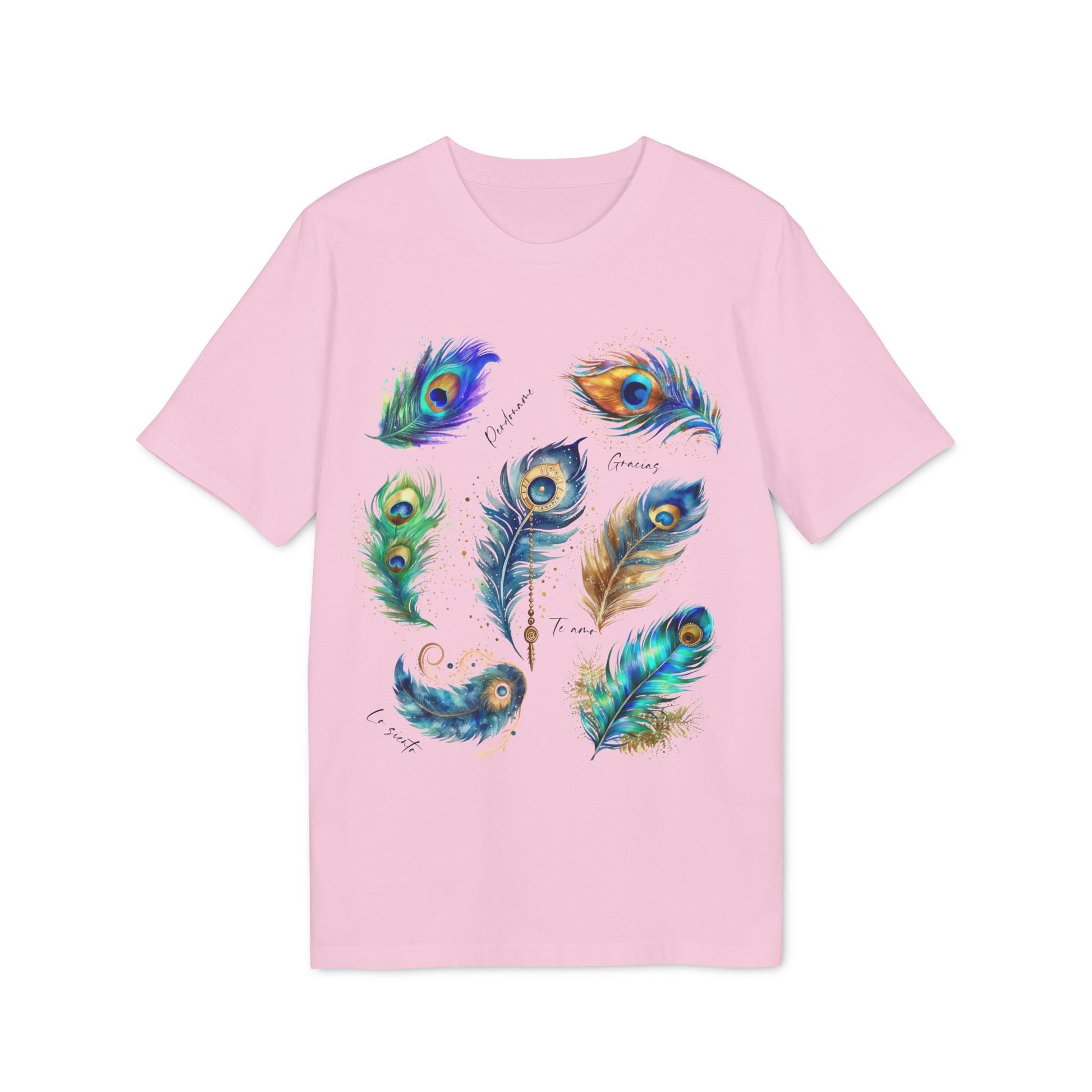 Pavo Real Hooponopono Premium Unisex T-Shirt rosa con ilustración de plumas de pavo real multicolor en el frente