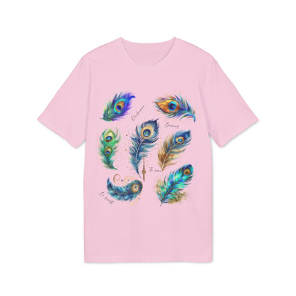 Pavo Real Hooponopono Premium Unisex T-Shirt rosa con ilustración de plumas de pavo real multicolor en el frente