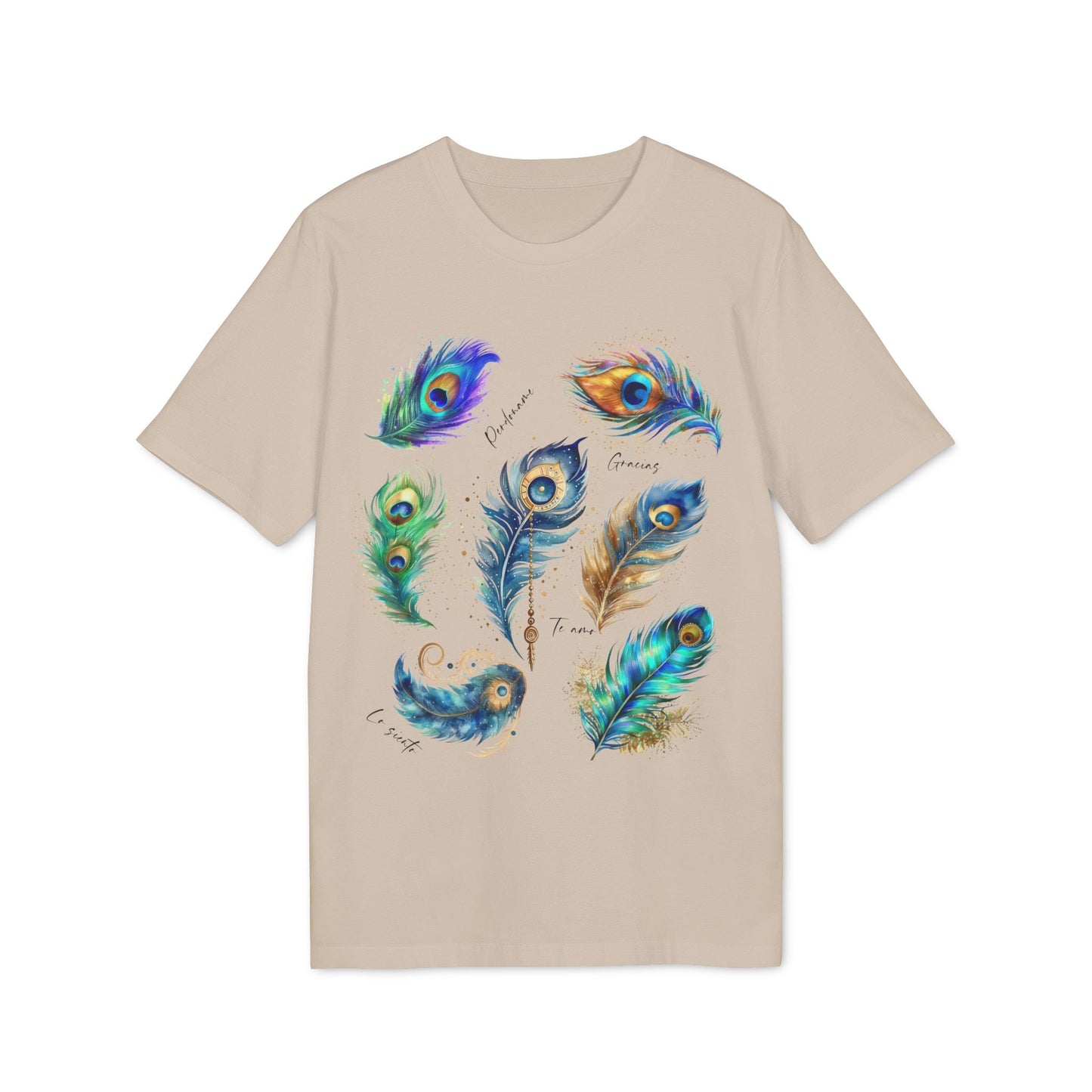 Alt Tag: Pavo Real Hooponopono Premium Unisex T-Shirt beige with colorful peacock feather illustrations on front