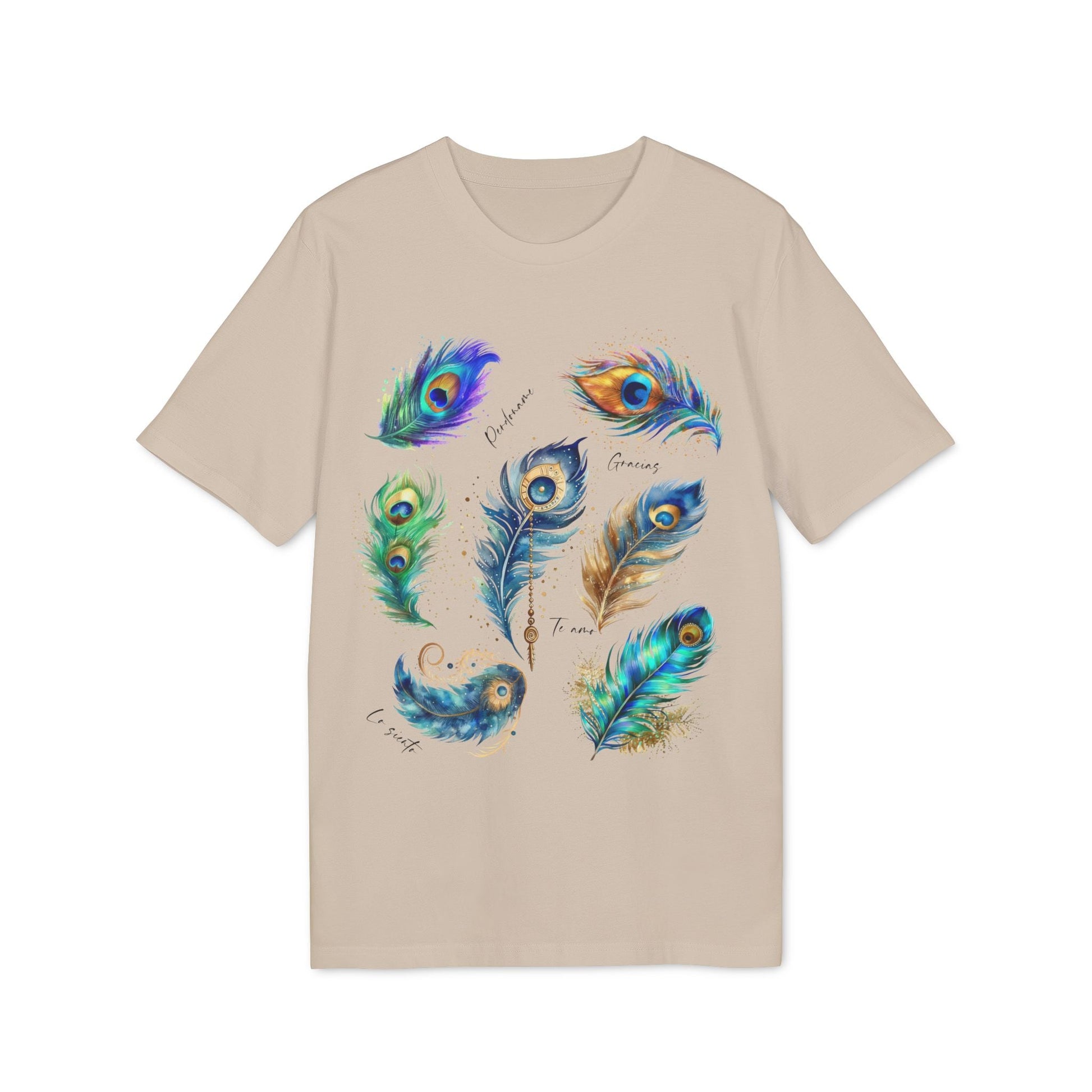 Alt Tag: Pavo Real Hooponopono Premium Unisex T-Shirt beige with colorful peacock feather illustrations on front