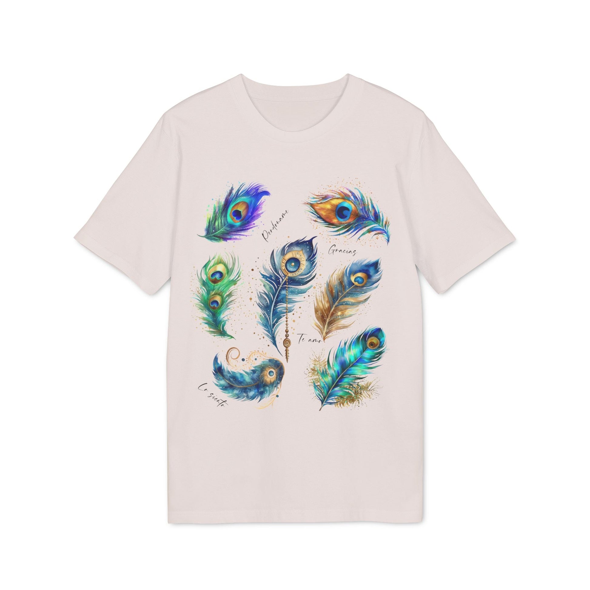 Pavo Real Hooponopono Premium Unisex T-Shirt con ilustración de plumas de pavo real multicolor en camiseta beige