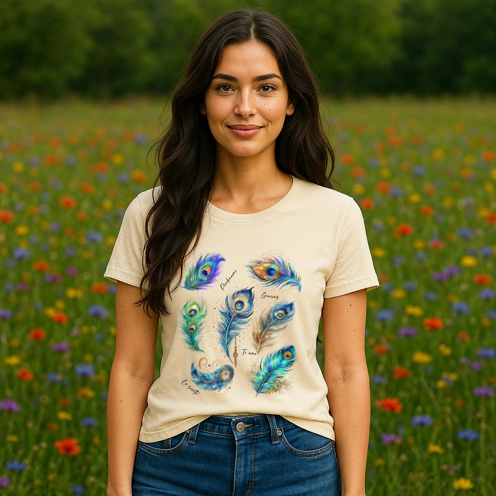 Alt Tag: Pavo Real Hooponopono Premium Unisex T-Shirt beige con plumas de pavo real, modelo de mujer en campo de flores