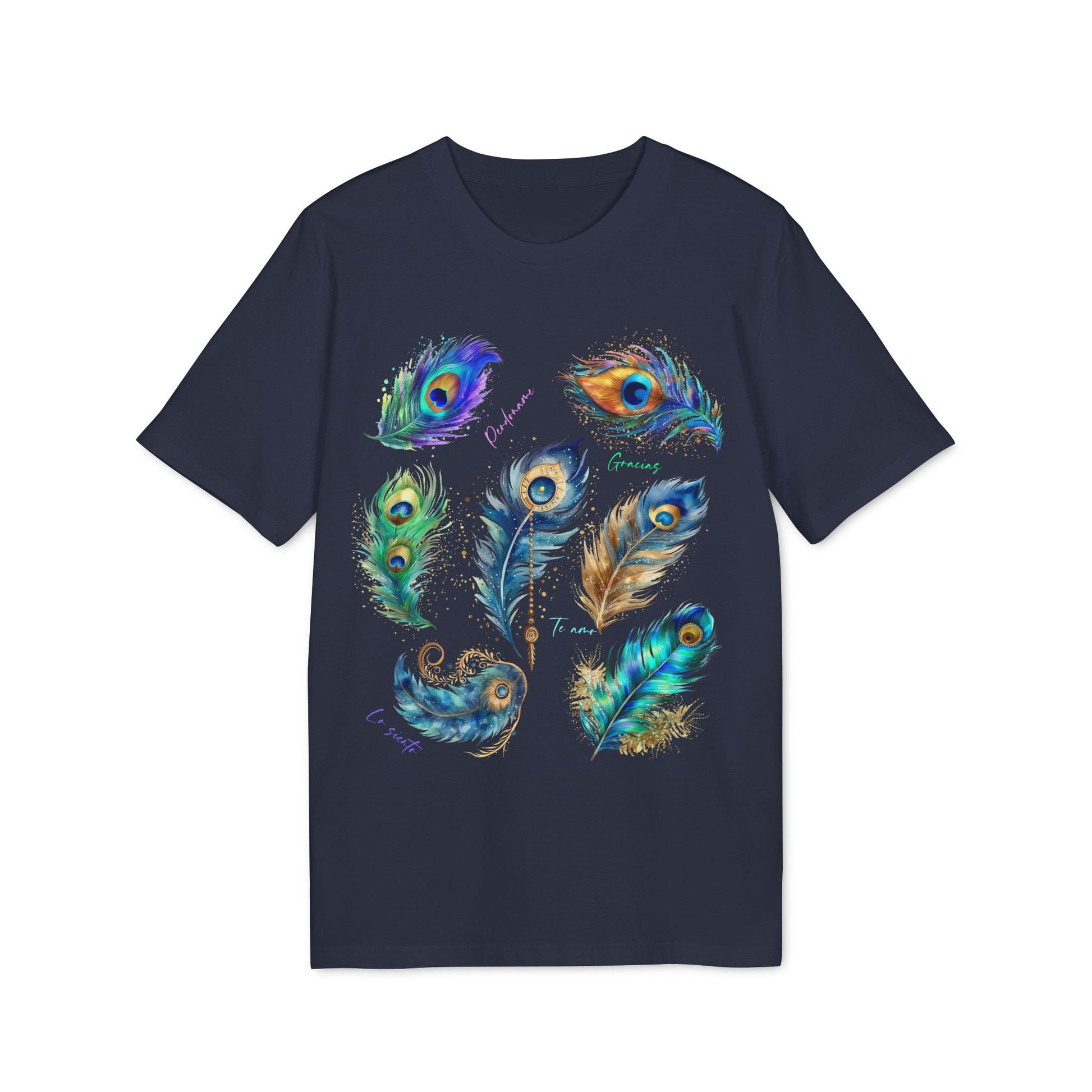 Alt Tag: Pavo Real Hooponopono Premium Unisex T-Shirt en azul marino con ilustración de plumas de pavo real multicolor
