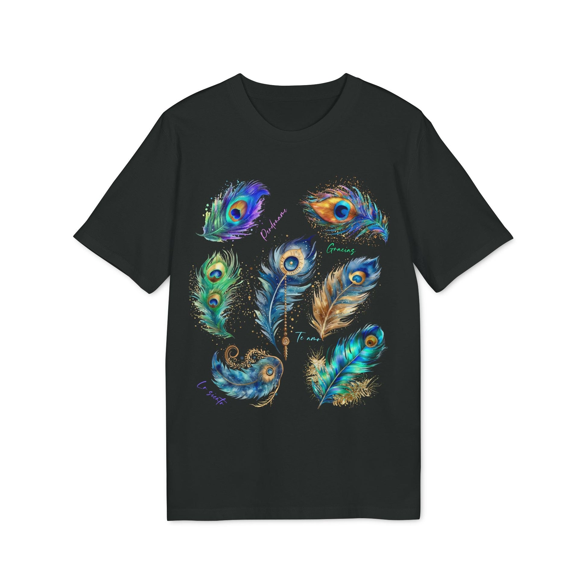 Alt Tag: Pavo Real Hooponopono Premium Unisex T-Shirt negra con diseño de plumas de pavo real multicolor