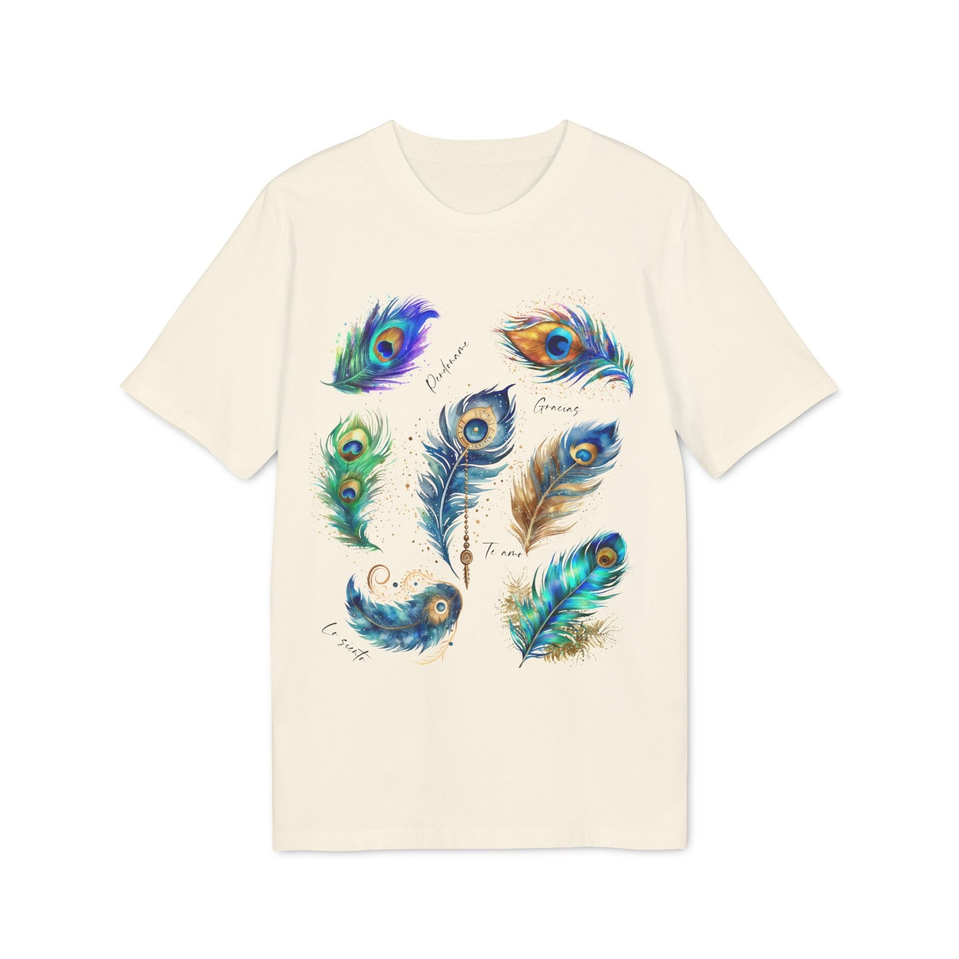 Alt Tag: Pavo Real Hooponopono Premium Unisex T-Shirt con diseño de plumas de pavo real multicolor en camiseta unisex color crema