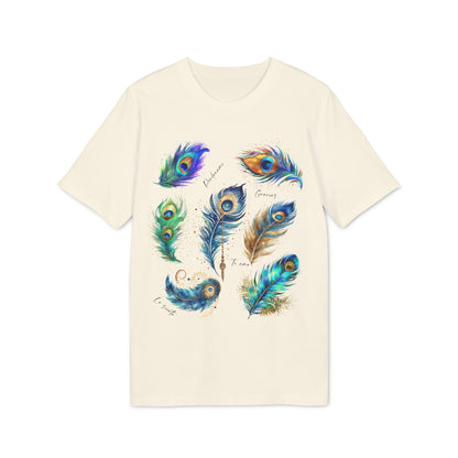 Alt Tag: Pavo Real Hooponopono Premium Unisex T-Shirt con diseño de plumas de pavo real multicolor en camiseta unisex color crema