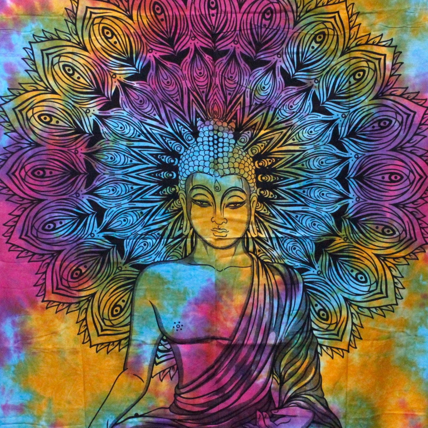 Alt Tag: Peaceful Buddha Cotton Bedspread – 230x200 CM with colorful Buddha illustration and mandala-style floral pattern on cotton