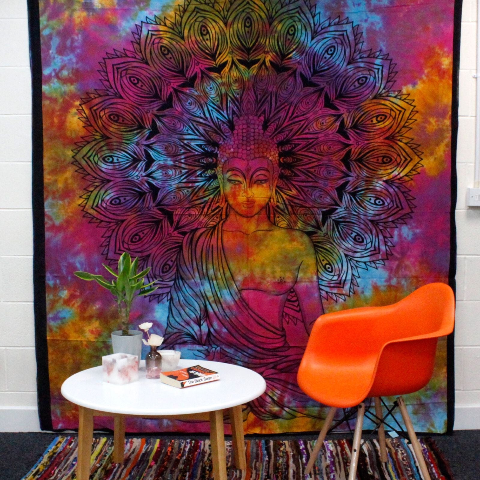 Alt Tag: Peaceful Buddha Cotton Bedspread – 230x200 CM tie-dye cotton wall hanging with Buddha mandala print, multicolor home decor