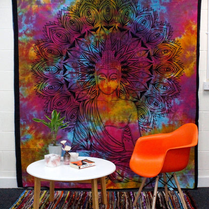 Alt Tag: Peaceful Buddha Cotton Bedspread – 230x200 CM tie-dye cotton wall hanging with Buddha mandala print, multicolor home decor