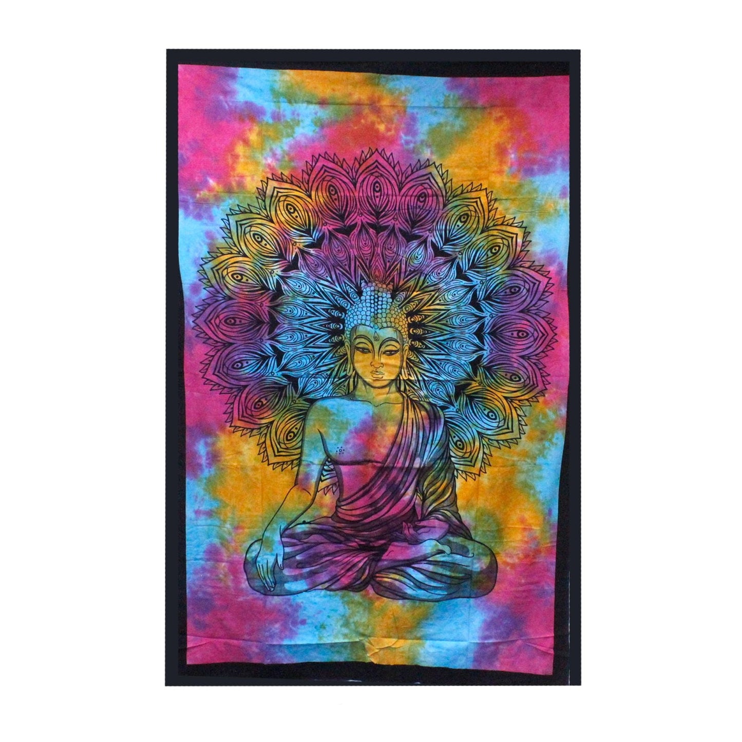 Alt Tag: Peaceful Buddha Cotton Bedspread – 230x200 CM, colorful tie-dye cotton bedspread with Buddha and mandala design