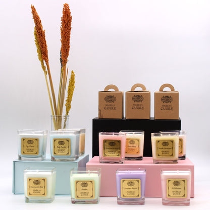 Peach Smoothie Soy Wax Candle – 200G in recycled glass jar, peach-scented soy wax candle display with boxed packaging