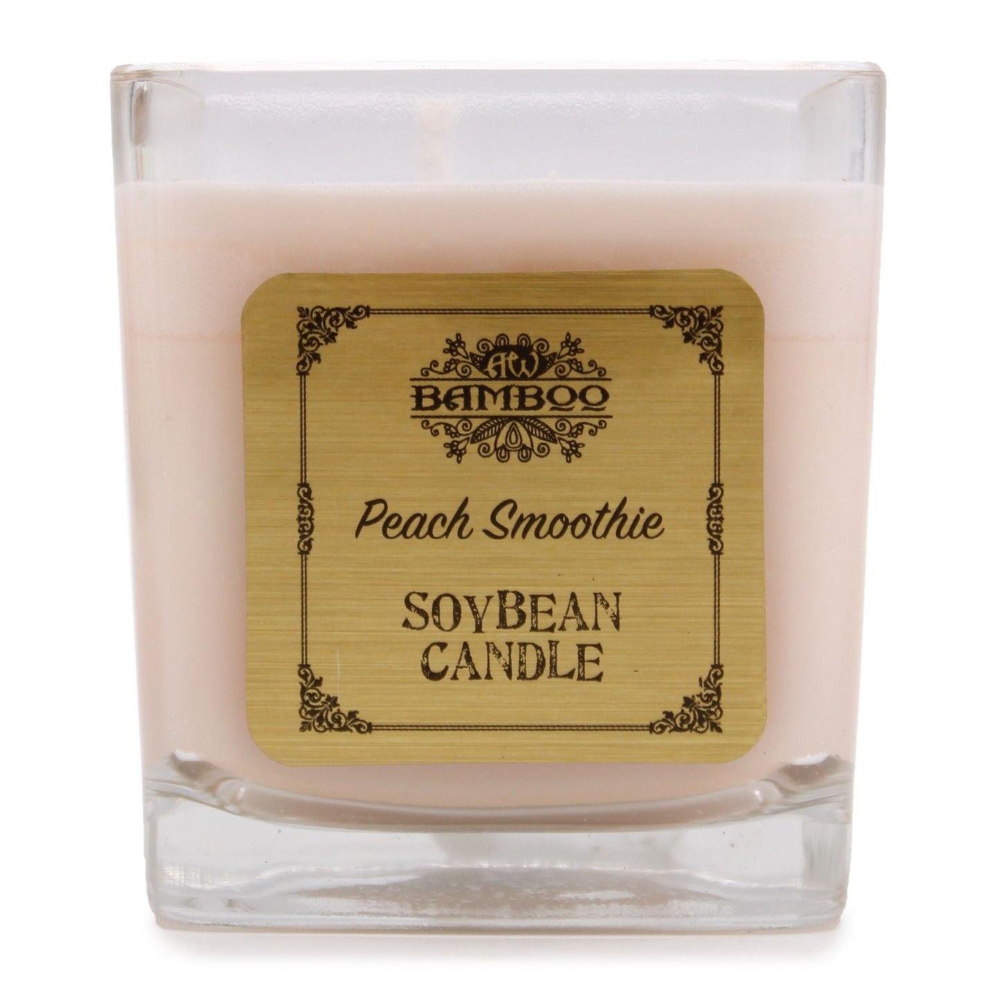 Peach Smoothie Soy Wax Candle – 200G in recycled glass jar, peach fragrance soy candle with label, square glass container