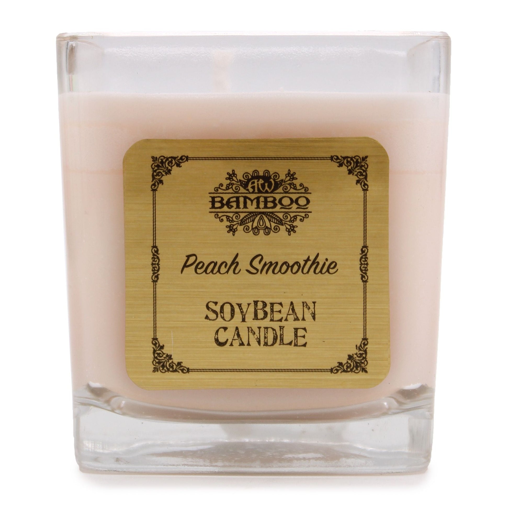 Peach Smoothie Soy Wax Candle – 200G in recycled glass jar, peach fragrance soy candle with label, square glass container